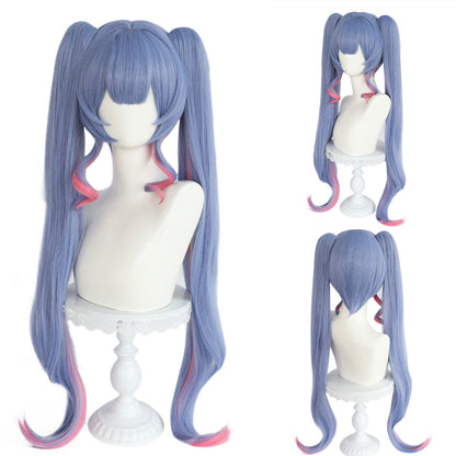 Peruca Lolita com duas marias-chiquinhas em degradê azul e rosa, cabelo longo com franja desfiada, fibra sintética para cosplay de anime