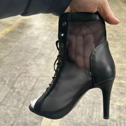 Novas Sandálias Femininas de Salto Alto Sexy Vazadas em Tela Tendência da Moda Verão Conforto Peep Toe Botas Stilettos Jazz Dance Tamanhos Grandes
