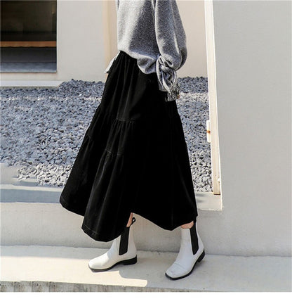 Preppy Style A-line Long Skirt Female Vintage Velvet Solid Skirt Autumn Winter Women Fashion High Waist Office Work Skirts 7XL
