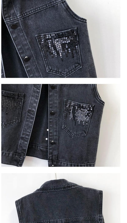 2024 Fashion Design Sequins Denim Vest Summer Autumn Women's Waistcoat Korean Leeveless Denim Jeans Jacket Female Vest Tops