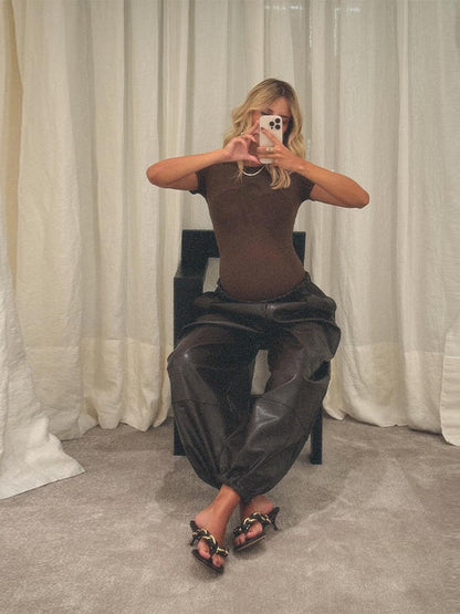 Street PU Leather Bloomers Women Elastic Waist Hip Hop Wide Leg Pants Street Balloon Lace Up Jogger 2025 Autumn New Casual Pant