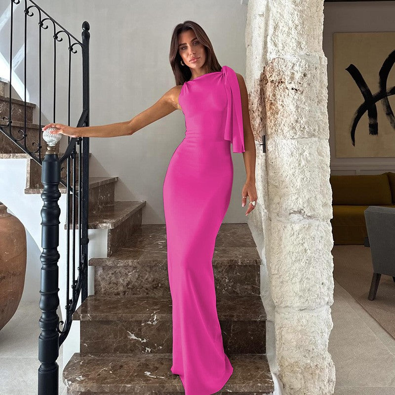 Hugcitar Fashion Solid O Neck Sleeveless Patchwork Sexy Bodycon Maxi Prom Dress