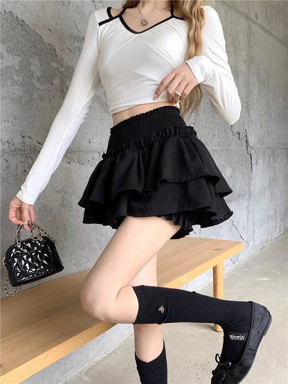 Mini Skirt Cute Sexy Balletcore Elastic High Waist Ball Gown Ruffle Patchwork Lolita Skirt Short Korean Sweet Y2K Women Clothing