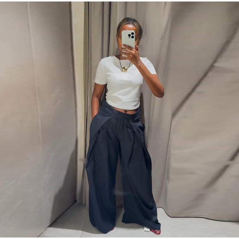 Casual Striped Loose Pants Women High Waist Pleated Straight Long Wide Leg Trousers Female 2025 Fashion Autumn Lady Bottoms