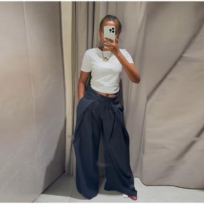 Casual Striped Loose Pants Women High Waist Pleated Straight Long Wide Leg Trousers Female 2025 Fashion Autumn Lady Bottoms