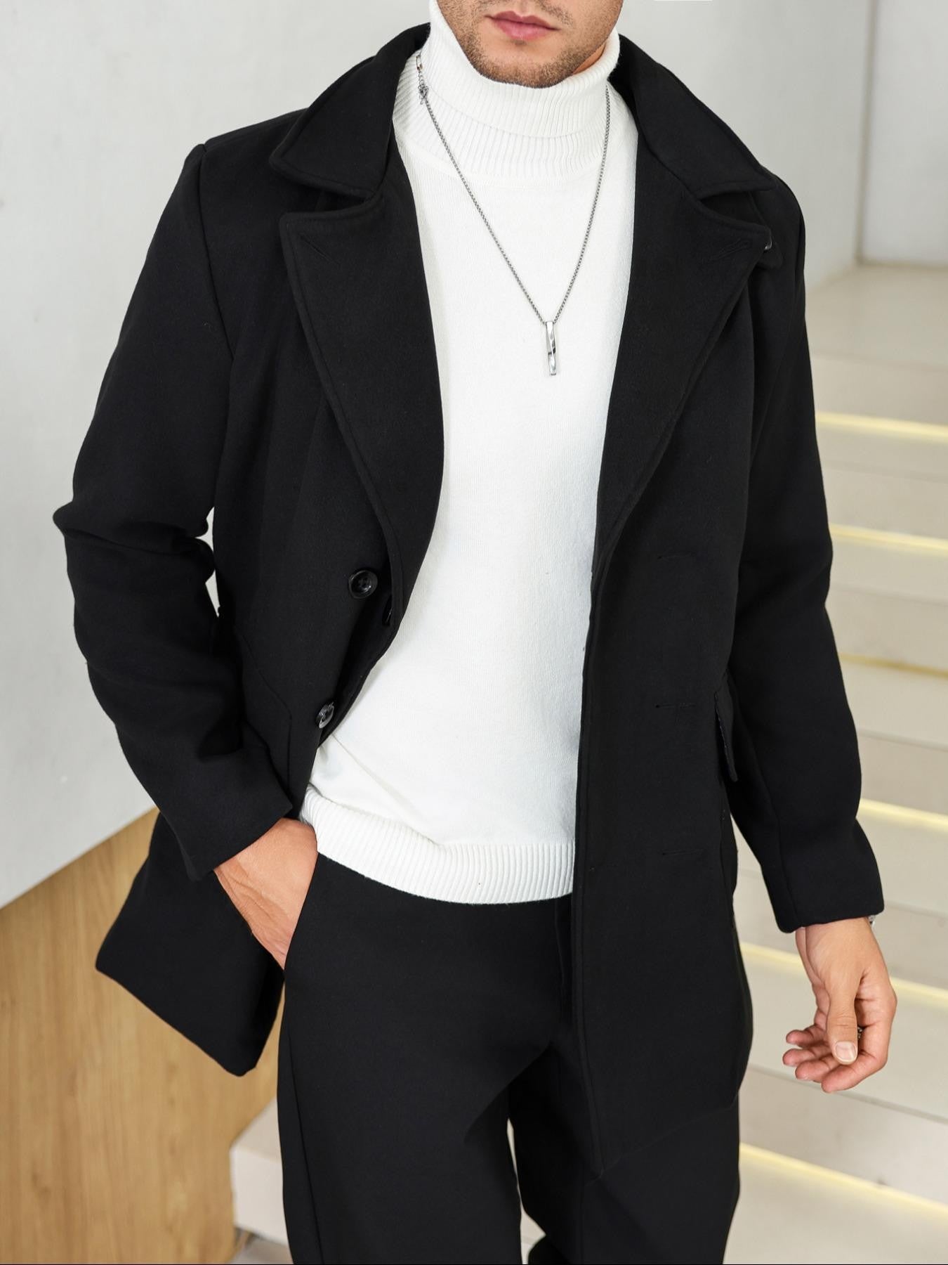 Men's Woolen Overcoat, Casual Fashion Long Sleeve Jacket with Pockets, Fall & Winter Outerwear for Daily Wear & Business