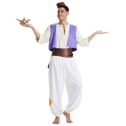 Adult Aladdin Prince Costume Halloween Cosplay Arabian Nights Party Performance Outfit Anime Costume with Genie Lamp Prop Gift