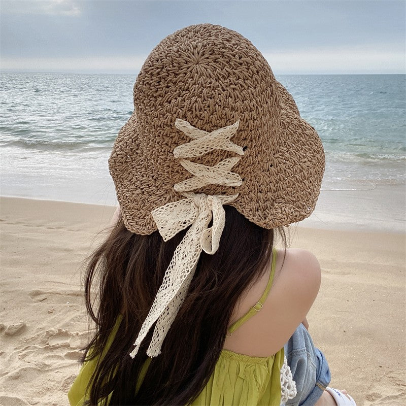 Straw Hat Women's Lace Bow Hollow Crochet Cap Summer Sunshade Sun Hat Fashion Foldable Beach Hat