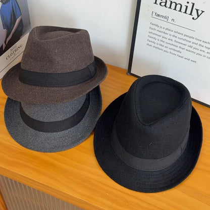 New Fashion Casual Topper for Men British Fashion Black Jazz Hat Wool Versatile Middle-aged Elderly Hat Elegent Trend Fedoras