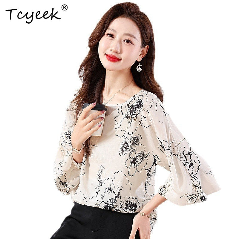 Tcyeek, 100%Real Silk Elegant Shirt, Women Long Sleeve ONeck Printed, Loose Fashion OL Blouses, 2024 Summer Autumn T47116QM