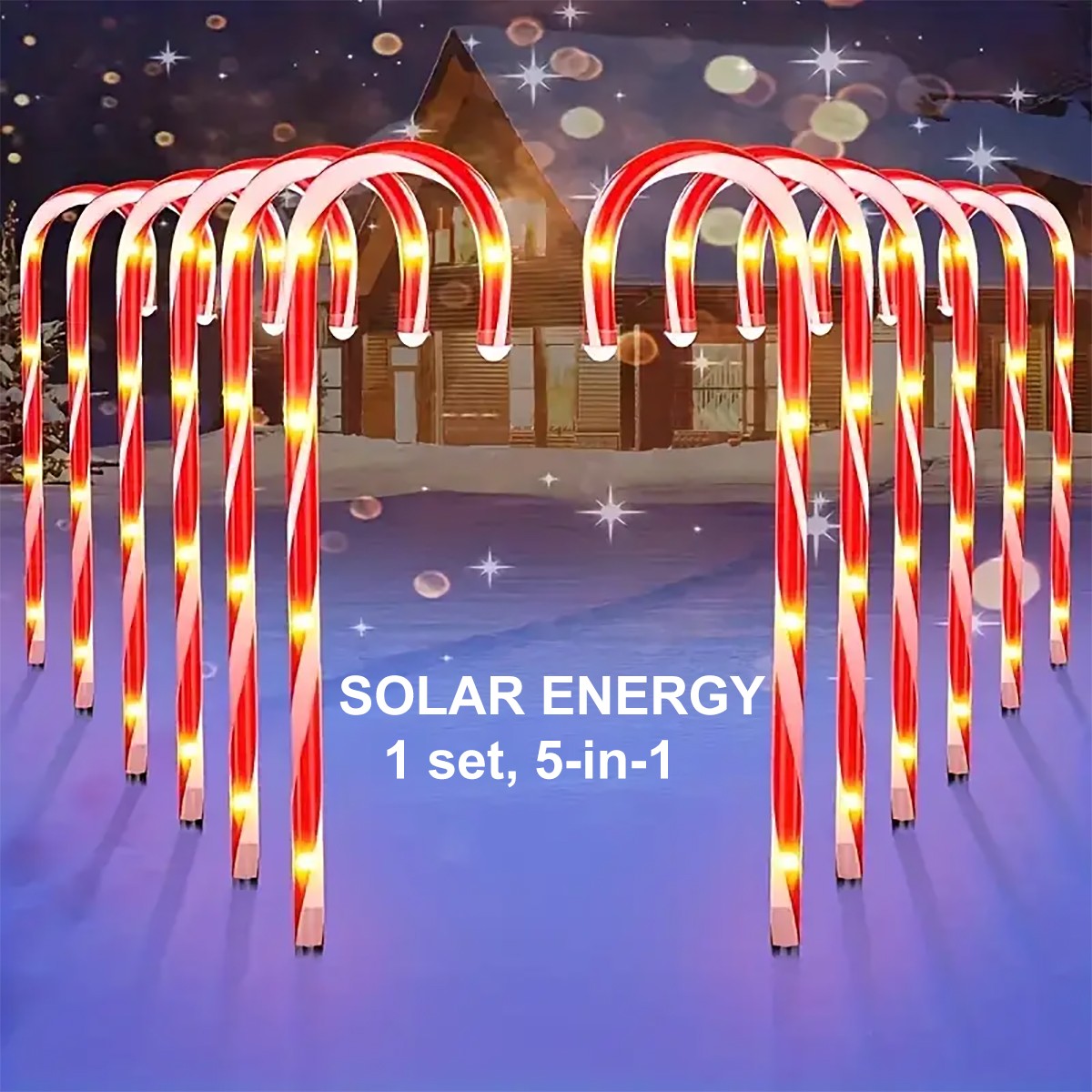 1 set of 5-in-1 outdoor solar powered Christmas cane lights, suitable for decorating Christmas, gardens, and Christmas trees
