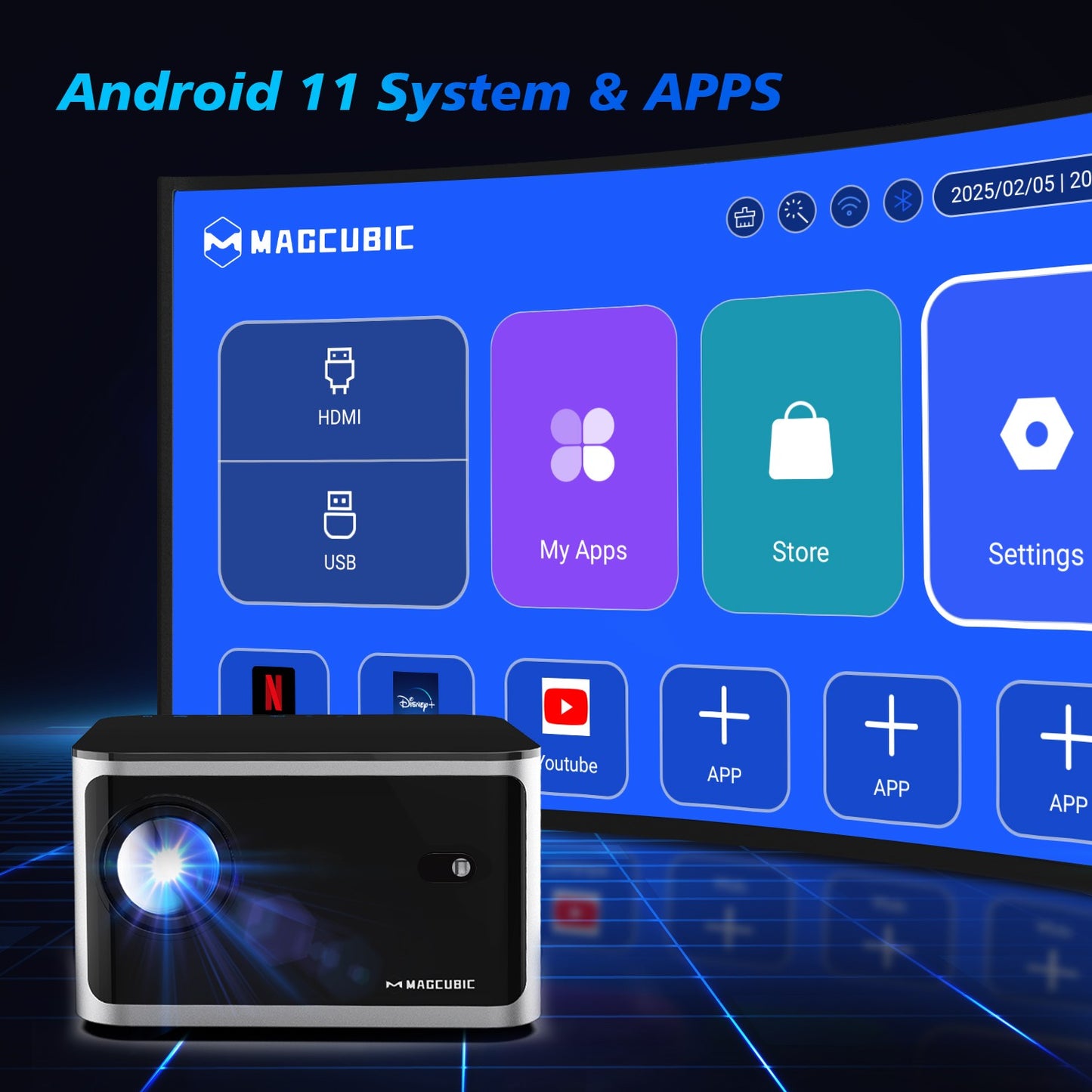 Projetor Magcubic 580ANSI Foco Automático Android 11 4K 1080P Wifi6 Controle de Voz Allwinner H713 BT5.0 Home Cinema HY350 Pro