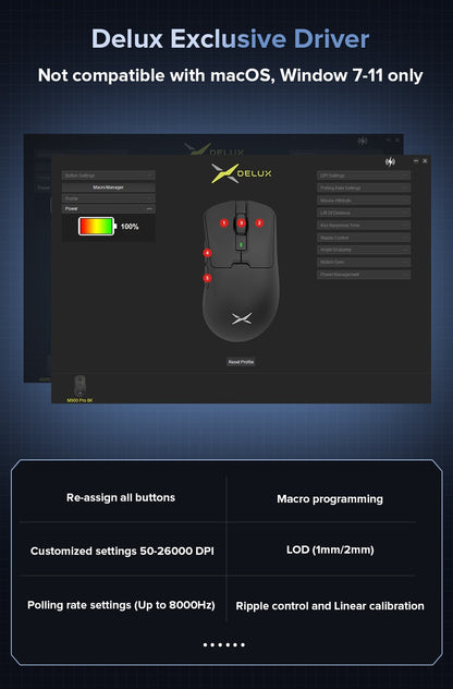 Mouse Gamer Sem Fio Delux M900PRO Ergonômico Taxa de Polling 8K PAW3395 63g Dock de Carregamento Magnético RGB para PC Gamer com Mão Grande Direita
