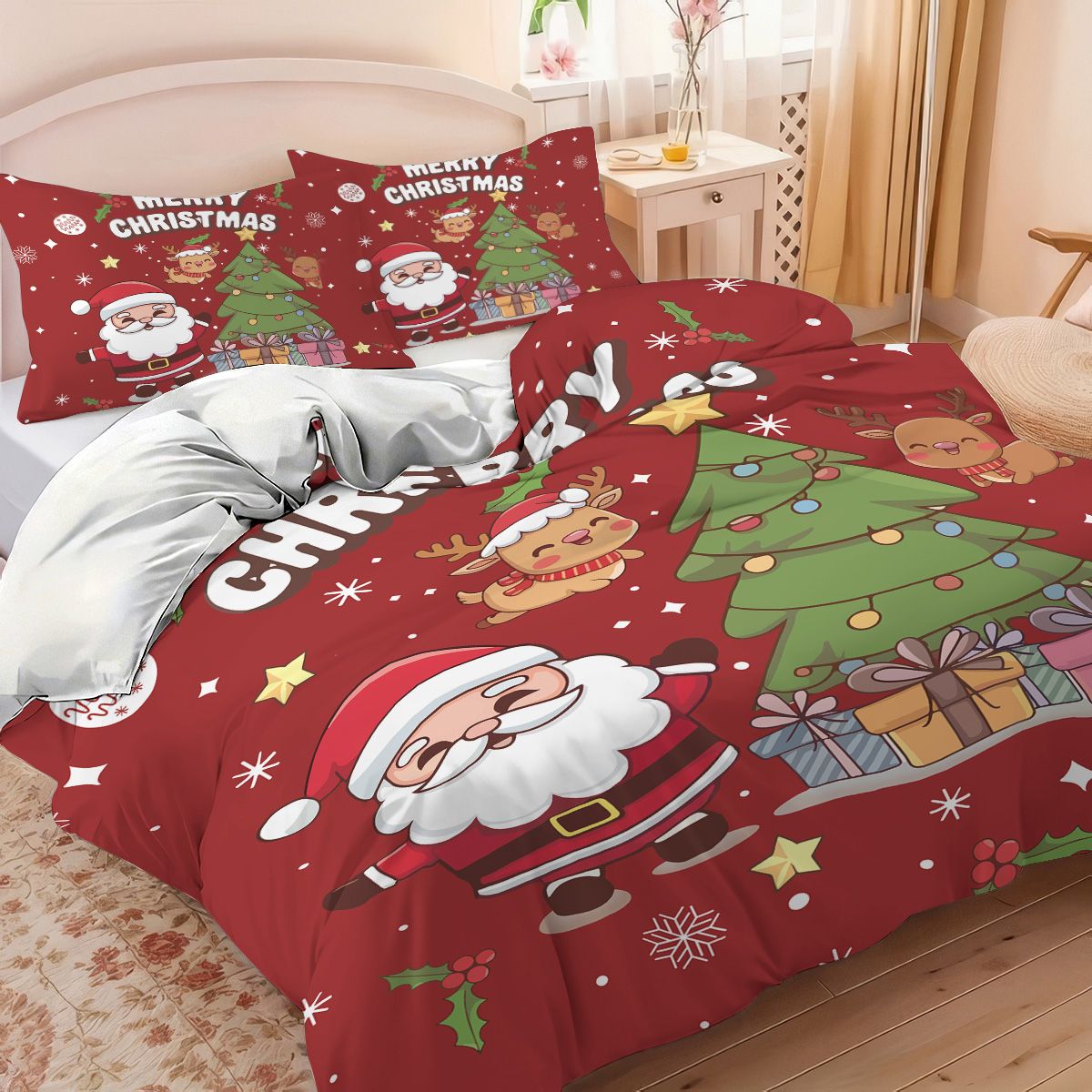 3pcs Santa Claus Christmas Tree Print Coreless Duvet Set Bedroom Dormitory Bedding Decoration Comfortable Machine Washable