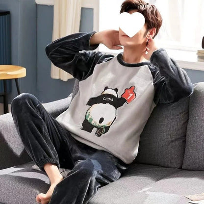 Thickened Flannel Sleepwear Set for Men Winter Home Clothes Coral Fleece Lined Autumn Winter Style Overhead Mens Nightgown