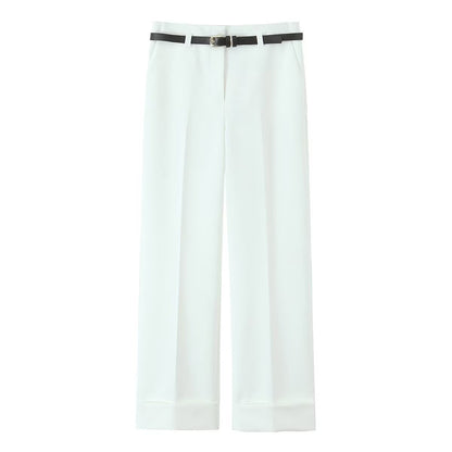 2025 summer new women's comfortable commuting rolled-up trousers with belt simple casual trousers
