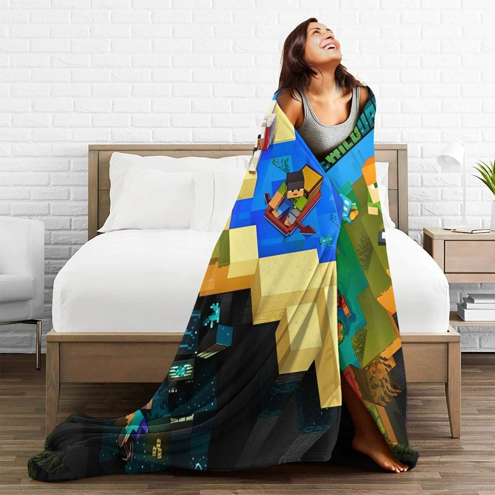 Cartoon Mines Pixel Game Crafts Flannel Blanket Super Warm Throw Blanket for Home Decor Decorative Street Trend Bedspread
