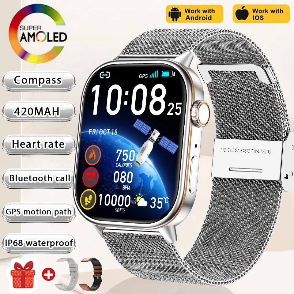 Smartwatch de Música Feminino 2025 Novo com Tela AMOLED HD de 2.01'' Moda, GPS de 6 Estrelas Embutido, Rastreador Impermeável e Chamada, Braceletes
