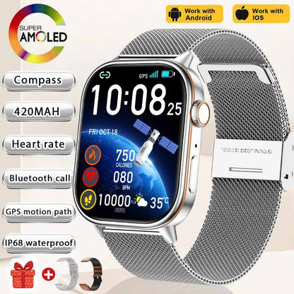 Smartwatch de Música Feminino 2025 Novo com Tela AMOLED HD de 2.01'' Moda, GPS de 6 Estrelas Embutido, Rastreador Impermeável e Chamada, Braceletes