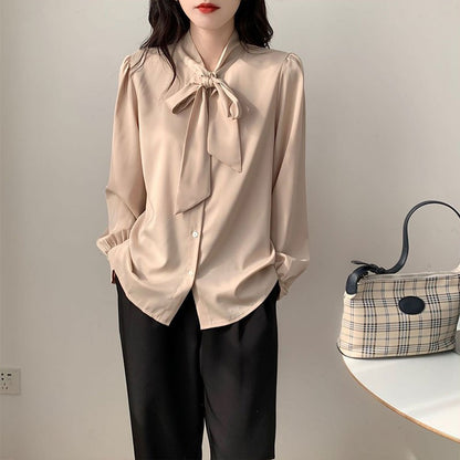 Bow Tie Chiffon Shirts Casual Long Sleeve White Blouse Women's Elegant Business Loose Blouses Ladies Spring and Autumn Chic Tops