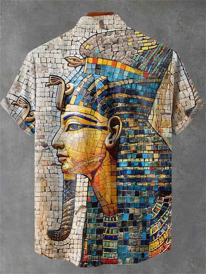 Men's Linen Short Sleeve Shirt Casual Top Single Button Vintage Cartoon And Art Cat Summer Print Top