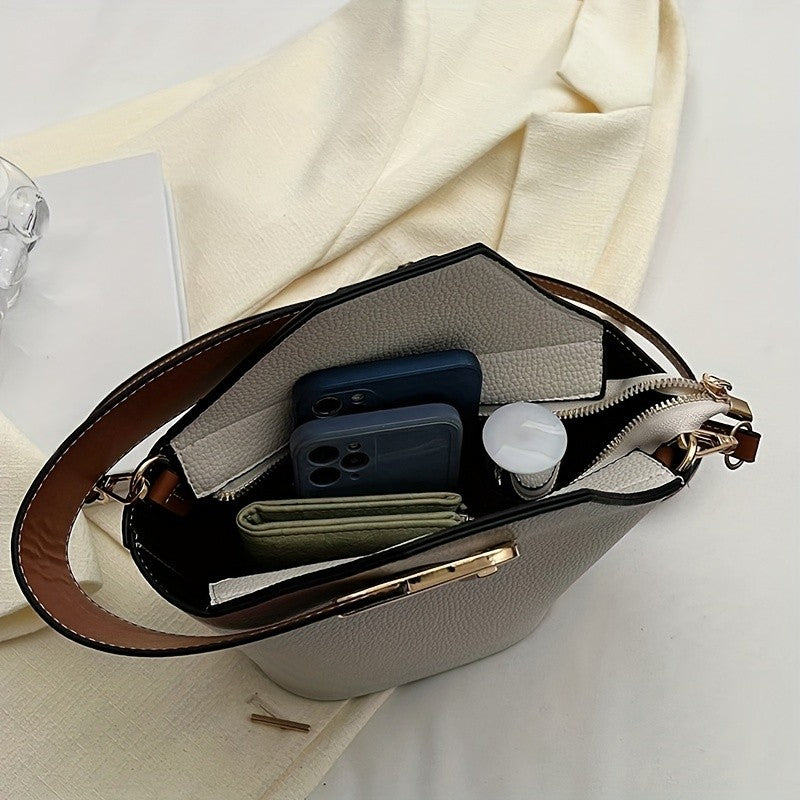 French-Inspired Elegant Beige Bucket Bag. Large Capacity, Golden Lock & Adjustable Strap. Perfect for Work, Travel & Daily Use.