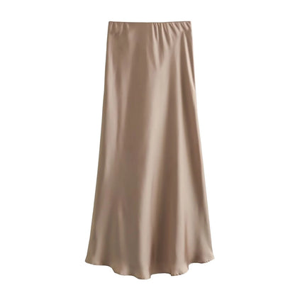 XNWMNZ Women's Fashion 2023 Flowing Satin Midi Skirt Women Vintage Elastic High