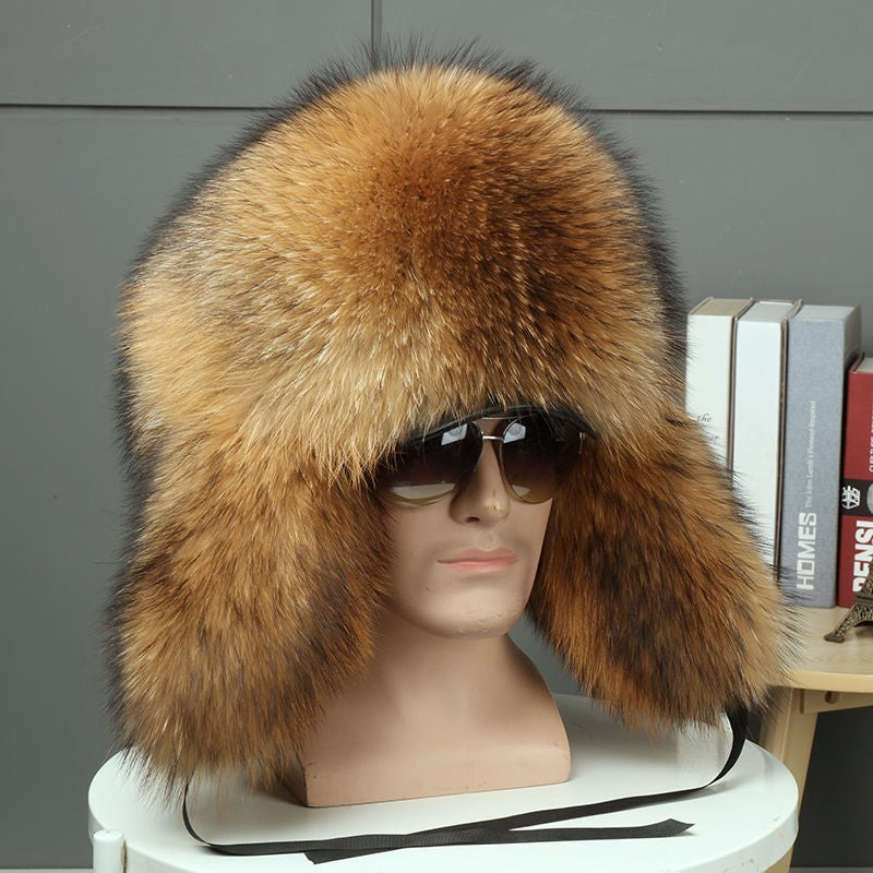 Real Fur 100% Fox Skin Russian Businessmen Pilot Bombers Full Mao Men's hat Ushanka Winter Ear Guard Hat Raccoon Fur Beanie hat