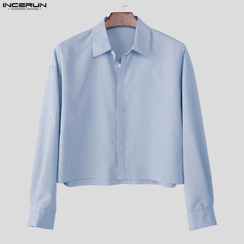 INCERUN Men Shirt Striped Lapel Long Sleeve Loose Casual Men Clothing Streetwear 2025 Korean Style Fashion Crop Tops Men
