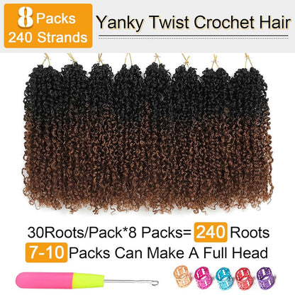 Cabelo de Crochê Yanky Twist de 8" pré-enrolado, Ombre Marrom, Cabelo de Crochê Sintético com Pontas Cacheadas, Cabelo de Crochê Yank Twist para Mulheres Negras