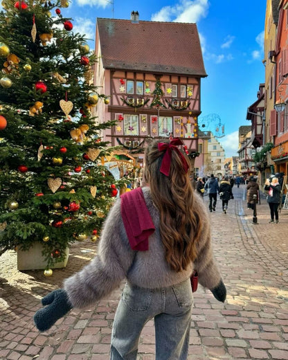 Faux fur jacket Traf   Fall/Winter New Fashion Women's Faux Fur Effect Round Neck Long Sleeve Short Jacket 2025