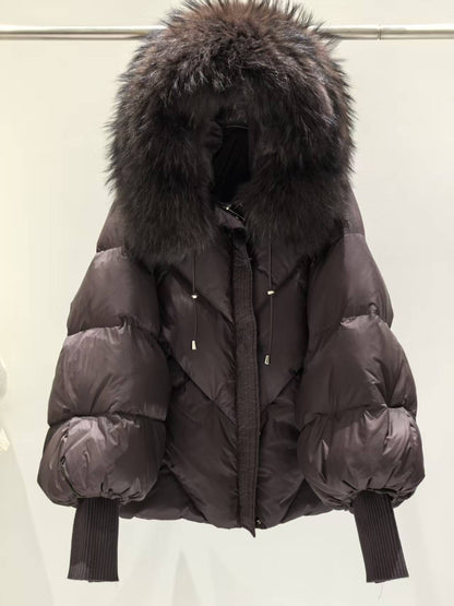 OFTBUY 2025 New Winter Large Real Fur Hooded Puffer Jacket Women Thicken Warm Knitted Sleeve Coat White Duck Down Mid Long Parka