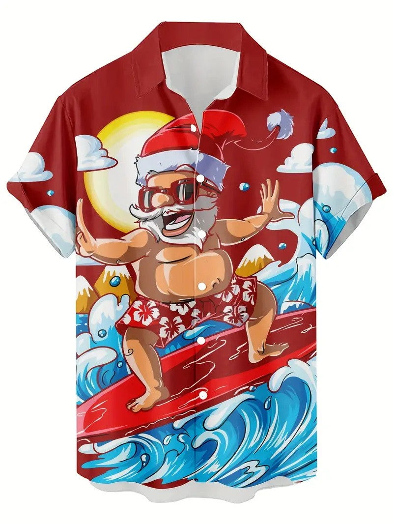 3D Print Christmas Themed Santa Claus Graphic Beach Shirts Men's Short Sleeve Lapel Hawaiian Shirt Summer Button Vacation Shirts