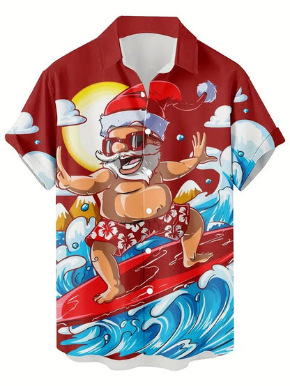 3D Print Christmas Themed Santa Claus Graphic Beach Shirts Men's Short Sleeve Lapel Hawaiian Shirt Summer Button Vacation Shirts