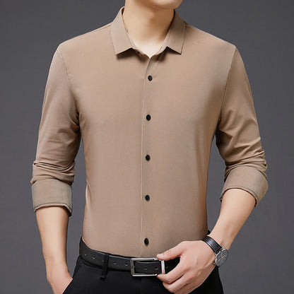 Stretch Elastic Stripe Men's Shirt Long Sleeve Classic Blouse Male Elegant Work Big Size Plus Large High Quality Ice Silk Social