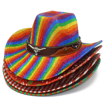 Striped Print Fedora Hats Cowboy Cowgirl Hat for Women Men Curl Wide Brim Western Bronzing Cloth Cap for Party Halloween Caps