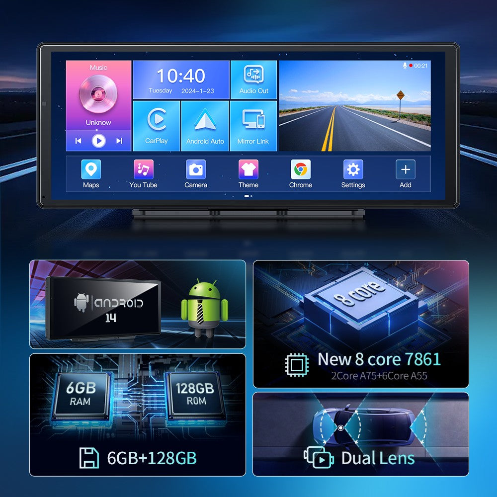 W60 11.3'' 8 Núcleos Android 14 6+128GB Player Multimídia Carplay&Android Auto WiFi 5G Google Play Youtube Netflix Atualização OTA