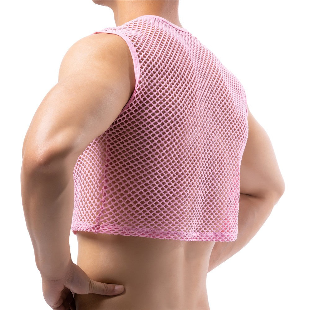 Mens Transparent Fishnet Crop Top Sexy Mesh Hollow Out Tank Tops Gym Fitness Sleeveless Undershirts T-shirts Nightclub Mini Vest
