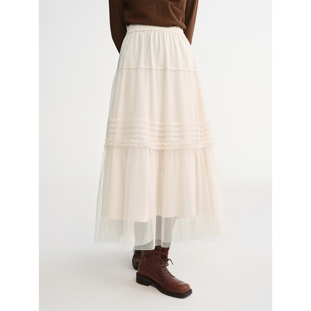 DUSHU Three-color Ruffled Mesh Skirt Women Pleated Mesh Straight Skirt Fairy Retro Gothic Cool Girls Elastic Waist Loose Fit