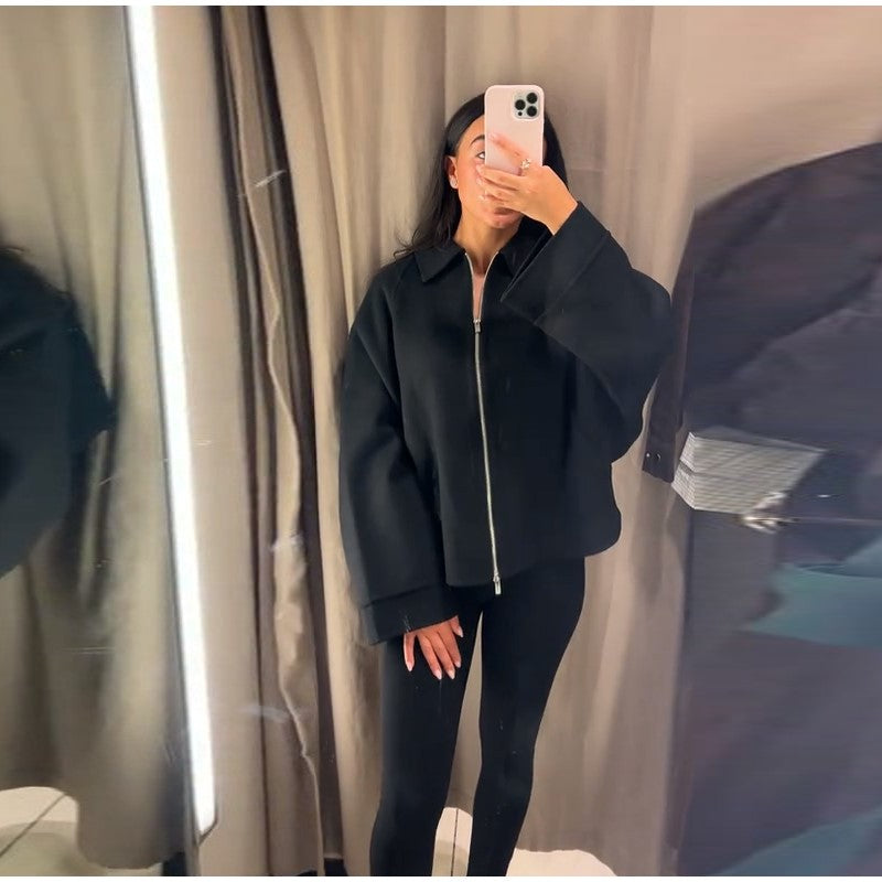 Woolen Zipper Loose Short Jacket Women Long Sleeve Lapel Solid 2025 Autumn Winter Commute Coat Street Office Warm Ladies Outwear