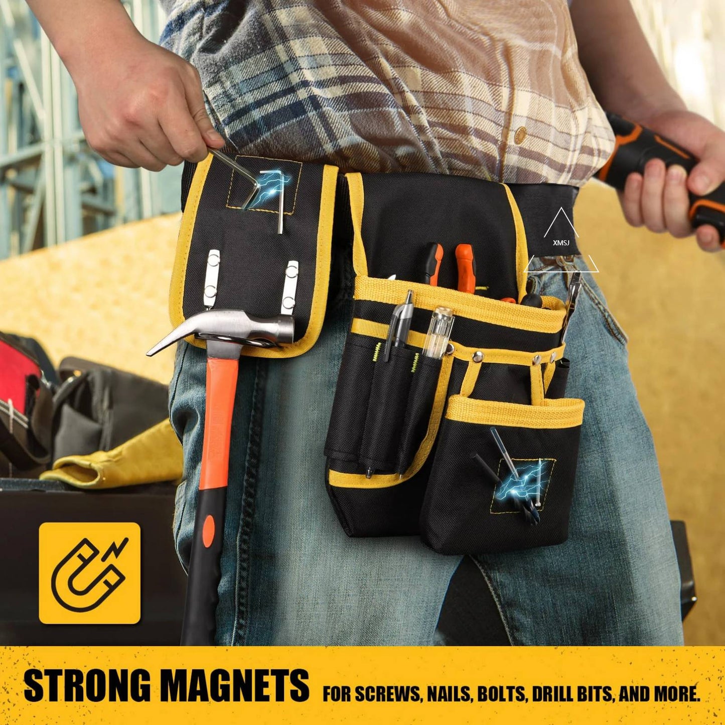 Cinto de ferramentas magnético masculino XMSJ, bolsa de ferramentas reforçada com 26 bolsos, coldre de pistola magnético, destacável e ajustável para pregos, suporte de cintura