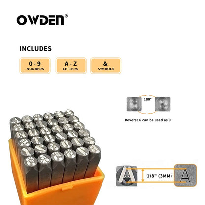 OWDEN Jogo de Carimbos de Metal de Aço 36 Peças 3mm com Números e Letras Ferramentas de Punção Manual para Joias Jogo de Punções de Letras