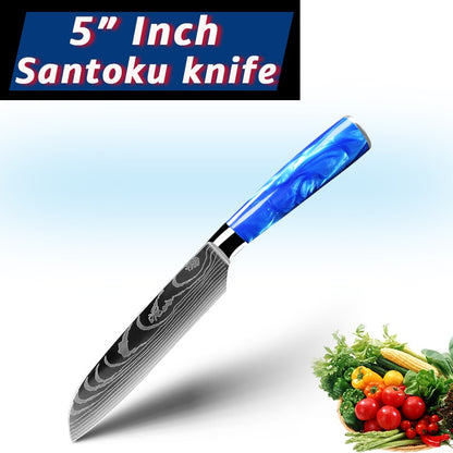 Faca de Cozinha Japonesa Chef 1-10 Peças Conjunto 7CR17 Aço Inoxidável 440C Desenho Damasco Cutelo de Carne Fatiador Santoku Ferramentas de Cozinha