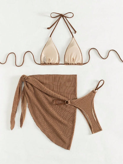 Sexy Brown Bikini Set 2025 Women Halter Push Up Bra Skirt 3 Piece Swimsuit Summer Bathing Suit Cover Up Thong Swimwear Biquini