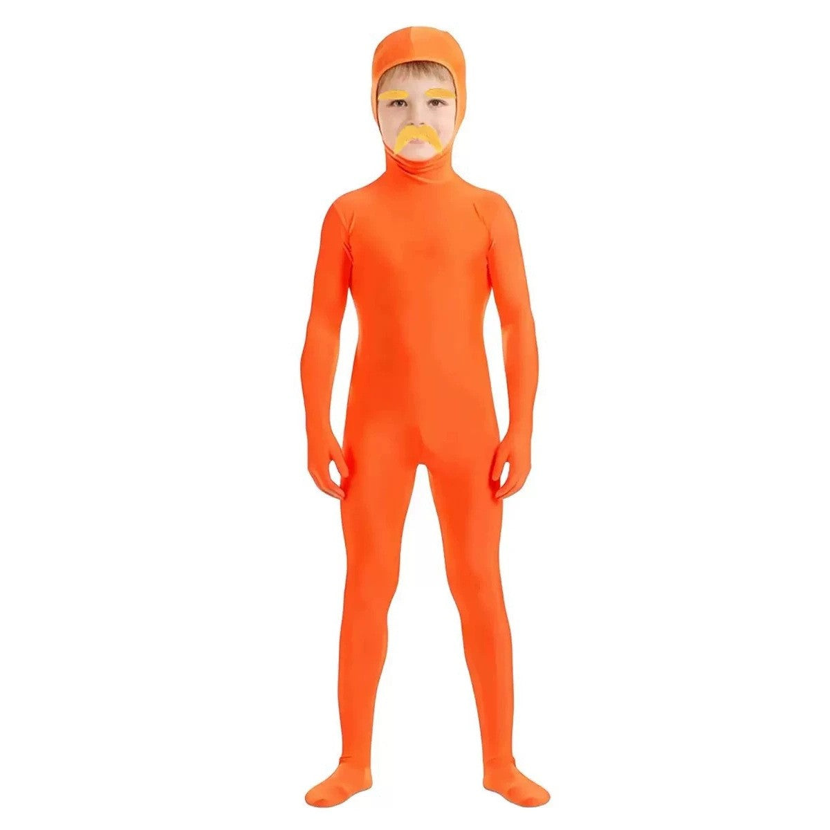 Halloween Orange Zentai Suit Open Face Full Body Bodysuit with Yellow Mustache Eyebrow for Adult Kid Cosplay Party Costume