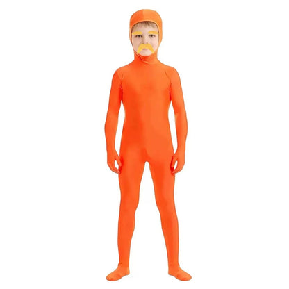 Halloween Orange Zentai Suit Open Face Full Body Bodysuit with Yellow Mustache Eyebrow for Adult Kid Cosplay Party Costume