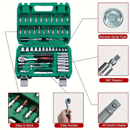 Kit Chaves Soquete Catraca 1/4" Com 53 Peças, Soquetes Bits, Medidas Métricas e Barra de Extensão Para Reparos Automotivos