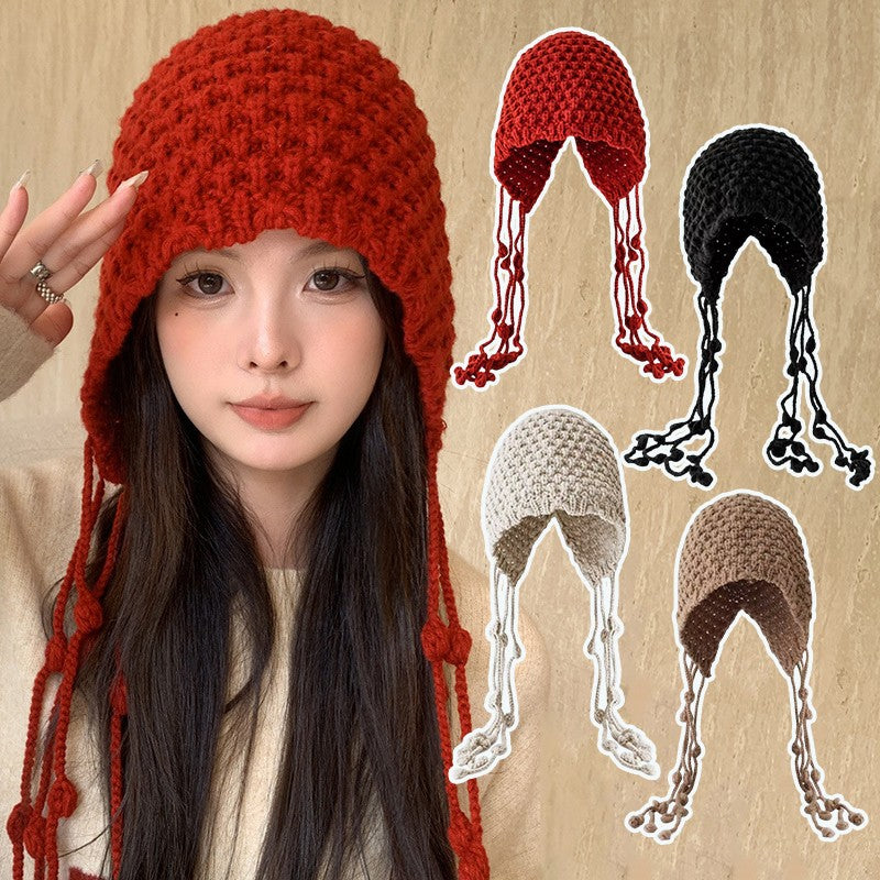 Autumn Winter Women's Hat Hand-knitted Woolen Tassel Cap Beanie Fashion Ear-protecting Cap Outdoor Warmth Headscarf Hat