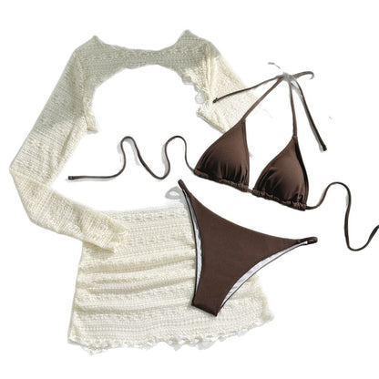 Women Bikini 4 Piece Set Tie Dye/Mesh Lace Long Sleeved Top Skirt Bottom Halter Bikini 2025 New Sexy Slim Beachwear Size S-XL