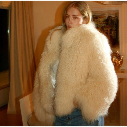 Fashion Solid Plush Faux Fur Coat Women Elegant Warm Long Sleeves Loose Jacket 2025 Lady Winter Chic High Street Outerwear ?